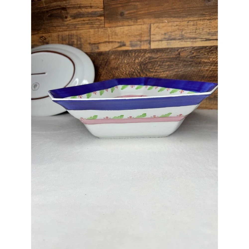 Herend Village Pottery Peach Tree Platter & Triangle Bowl Set Blue Pink‎